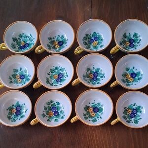 Deruta Handpainted Floral Teacups Set with Yellow Handles Made In Italy